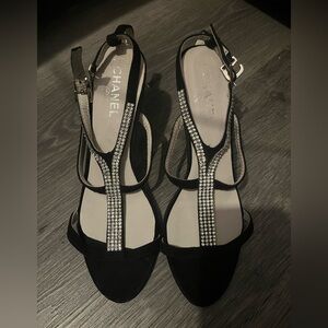 CHANEL Style Heels with Crystal Accents